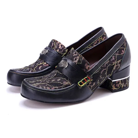 Dames Retro Schapenvacht Patchwork Loafers Blokhak Handgewreven Leer Slip On Dagelijks Casual Comfort Etnische Stijl Loafers