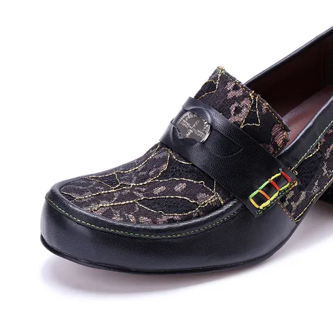 Dames Retro Schapenvacht Patchwork Loafers Blokhak Handgewreven Leer Slip On Dagelijks Casual Comfort Etnische Stijl Loafers