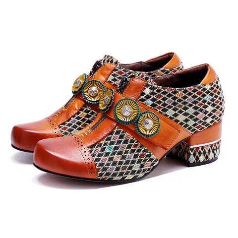 Oranje Dames Vintage Schapenvacht Ambachtelijke Stof Bloemen Patchwork Blokhak Pumps Handgewreven Lederen Schoenen Klittenband