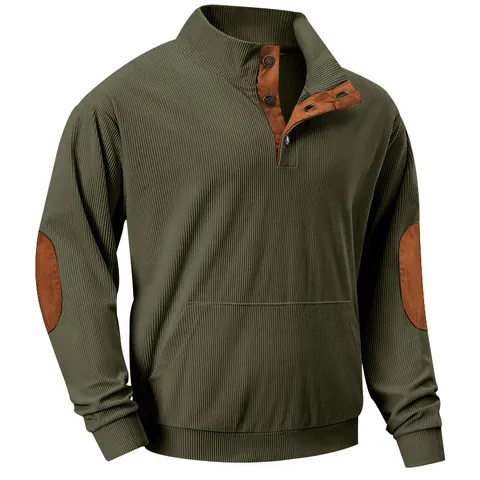 Men's Casual Corduroy Sweatshirt Stand Collar Button Placket Contrast Elbow Patches Long Sleeve Top For Men Autumn