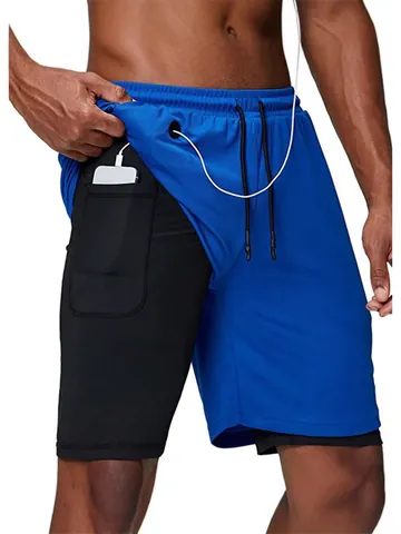 Men's 2-In-1 Double Layer Sports Shorts With Phone Pocket Headphone Hole Quick Dry Polyester Casual Running Training Bottom