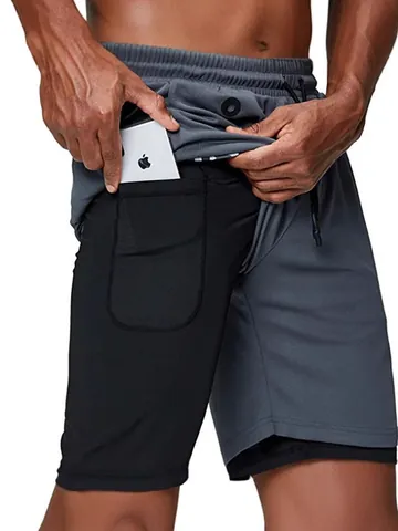 Men's 2-In-1 Double Layer Sports Shorts With Phone Pocket Headphone Hole Quick Dry Polyester Casual Running Training Bottom