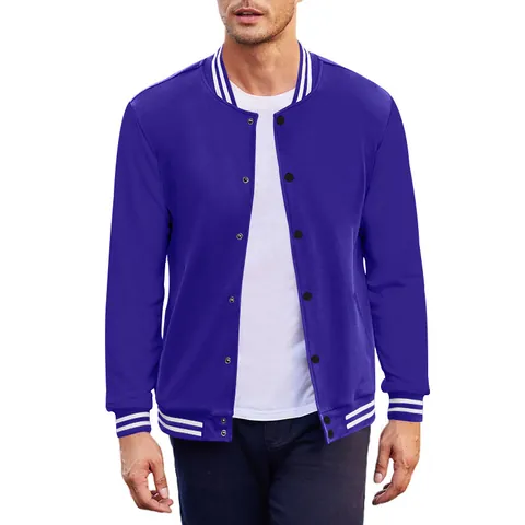 Men American Retro Varsity Baseball Jacket Fleece Stand Collar Bomber Top Casual Solid Color Rib Knit Button Coat Outerwear