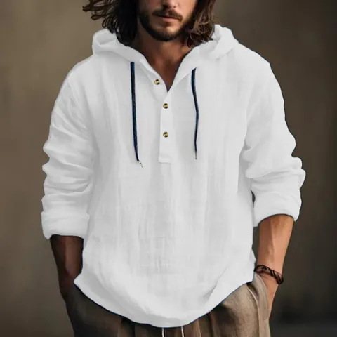 Men Casual Hooded Henley Shirt Long Sleeve Cotton Linen Texture Solid Color Vintage Pullover Hoodie Top For Spring Autumn