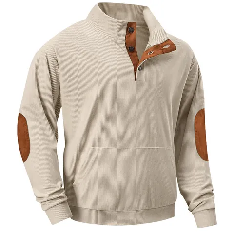 Men's Casual Corduroy Sweatshirt Stand Collar Button Placket Contrast Elbow Patches Long Sleeve Top For Men Autumn