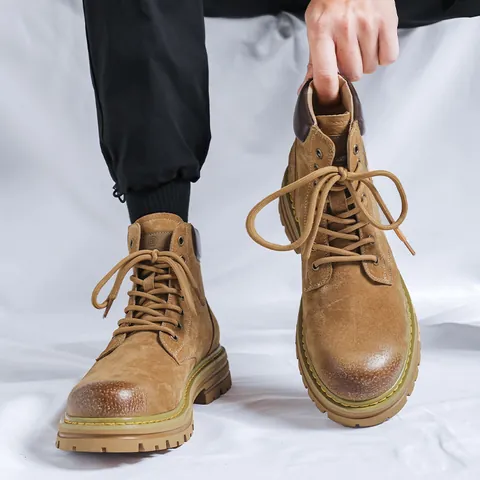 Men Martin Boots Cowhide Leather High Top Work Boots Retro Fashion Winter Warm Non-Slip Casual Outdoors Men Boots