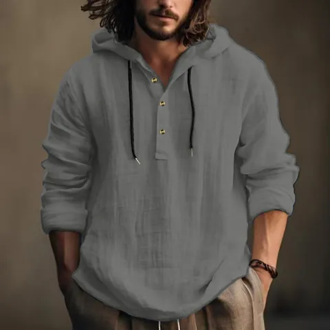 Men Casual Hooded Henley Shirt Long Sleeve Cotton Linen Texture Solid Color Vintage Pullover Hoodie Top For Spring Autumn