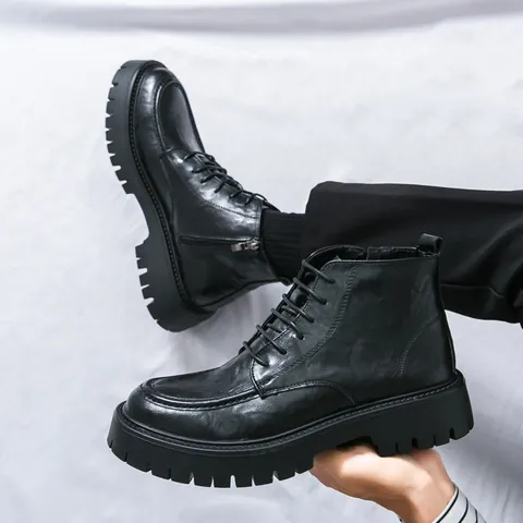 Hiver Nouvelles Bottines Martin Rétro pour Hommes Hautes à Bout Rond Bottes de Travail Semelle Épaisse Bottes en Cuir Chaudes Avec Fermeture Éclair Latérale Chaussures de Mode pour Hommes