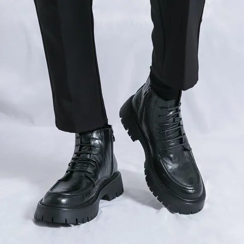 Hiver Nouvelles Bottines Martin Rétro pour Hommes Hautes à Bout Rond Bottes de Travail Semelle Épaisse Bottes en Cuir Chaudes Avec Fermeture Éclair Latérale Chaussures de Mode pour Hommes