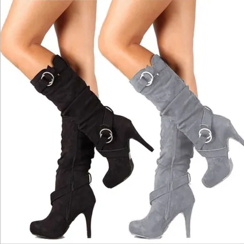Stivali Alti Slouchy in Similpelle Scamosciata Tacco a Spillo Plateau Cerniera Laterale Moda Fibbia Autunno Inverno Donna