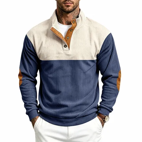 Men Retro Corduroy Color Block Sweatshirt Loose Casual Stand Collar Pullover Top With Elbow Patches Long Sleeve