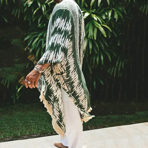 Men's Bohemian Geometric Print Beach Cloak Polyester Tassel Trim Open Front Vacation Poncho Casual Loose Robe