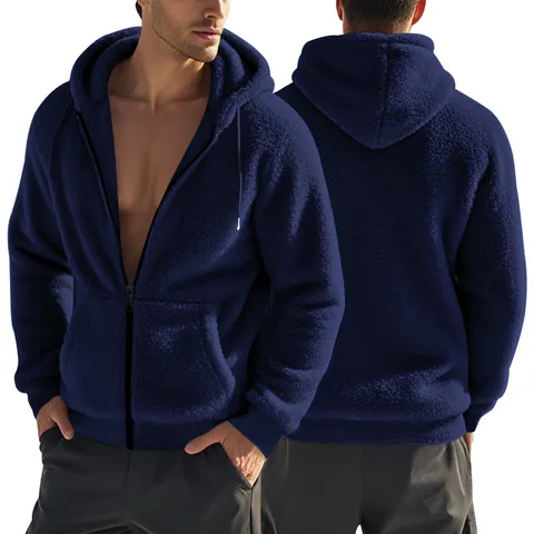 Men American Winter Thickened Warm Double-Sided Fleece Jacket Loose Casual Hooded Zip Up Jacket For Outdoor Activity Comfort Clothing