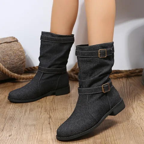 Bottes Martin Mi-Mollet pour Femmes avec Boucle de Ceinture Bout Rond Talon Bas Similicuir Automne Hiver Style Occidental