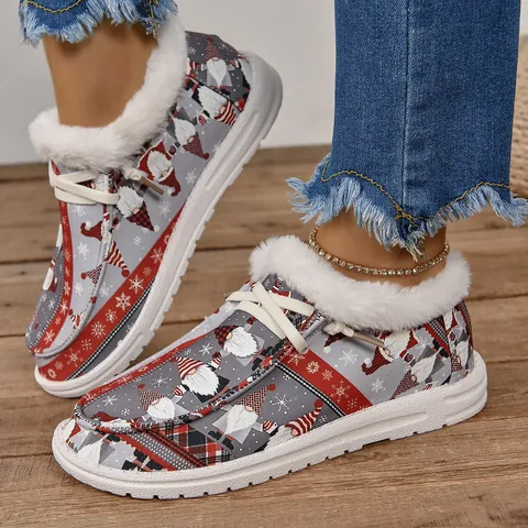 Women's Christmas Gnome Print Faux Fur Cotton Shoes Winter Plush Lined Flat Round Toe Warm Slip-on Loafers Casual Snow Shoes