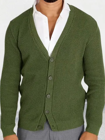 Men's V-Neck Knit Cardigan Sweater Slim Fit Long Sleeve Ribbed Texture Button Down Casual Knitwear Top For Autumn Winter