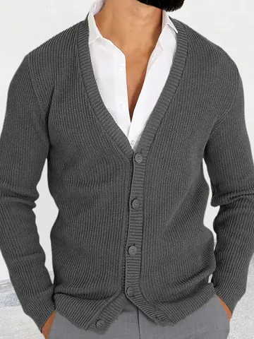 Men's V-Neck Knit Cardigan Sweater Slim Fit Long Sleeve Ribbed Texture Button Down Casual Knitwear Top For Autumn Winter