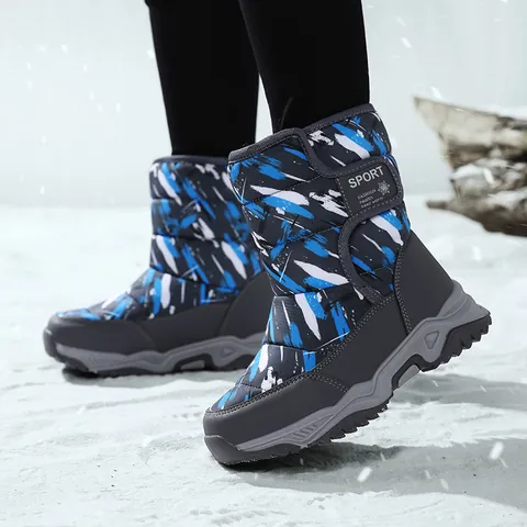 Kids Winter Snow Boots Boys Girls Fleece Lined Waterproof Outdoor Ankle Boots Graffiti Print Anti-Slip Warm Mid Calf Cotton Shoes