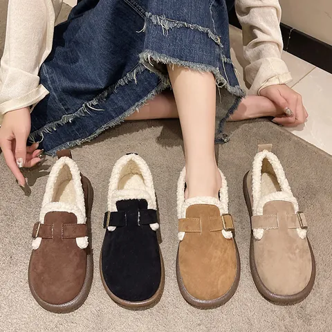 Damen Winterwarme Mit Fleece Gefütterte Schneestiefel Runde Zehe Dicke Sohle Loafers Einfarbig Flanell Baumwollschuhe Mit Metallschnalle