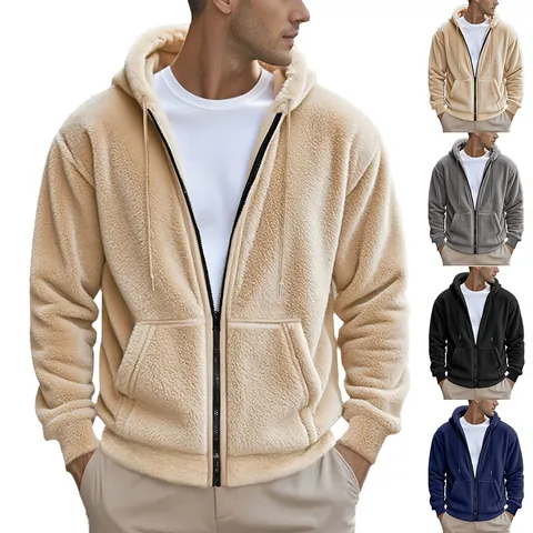 Herren Casual Sherpa-Fleece Kapuzenjacke Warm Kapuzen Reißverschluss Cardigan Oberbekleidung Mit Multi-Taschen Für Herbst Winter