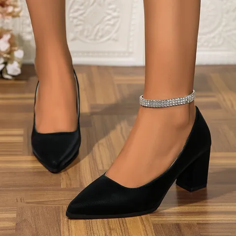 French Retro PU Leather Pointed Toe Block High Heels Women Business Career Office Shallow Mouth One-Step Slip-On Single Shoes