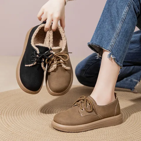 Women Retro Split Leather Fur Lined Platform Shoes Warm Fleece Slip On Casual Loafers Thick Sole Non Slip Winter Shoes