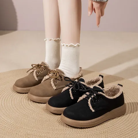 Women Retro Split Leather Fur Lined Platform Shoes Warm Fleece Slip On Casual Loafers Thick Sole Non Slip Winter Shoes