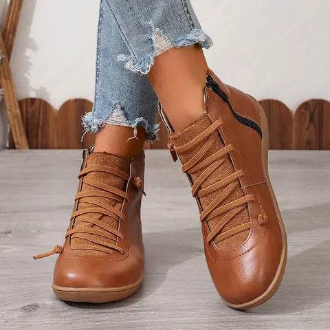 Women Casual Microfiber Martin Boots Flat Lace Up Side Zipper Work Short Boots Plus Size Fashion Footwear