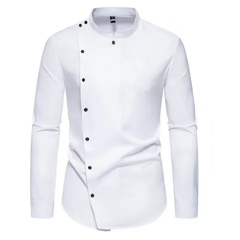 Chemise Casual pour Homme Patte de Boutonnage Diagonale Irrégulière Col Montant Manches Longues Mélange de Polyester Mode Top