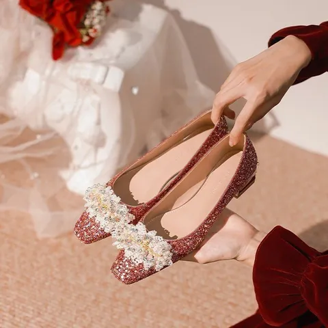 Glitter Microfiber Square Toe Block Heel Wedding Shoes For Women Rhinestone Artificial Pearl Flower Bridal Banquet Pumps