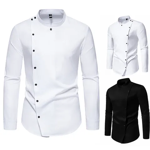 Chemise Casual pour Homme Patte de Boutonnage Diagonale Irrégulière Col Montant Manches Longues Mélange de Polyester Mode Top