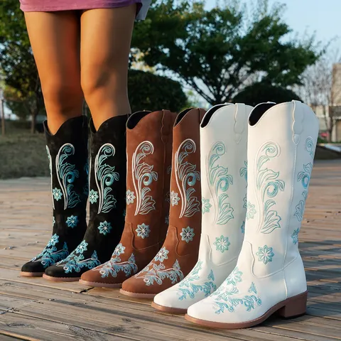 Women Vintage Floral Embroidered Knee High Boots Square Toe Block Heel Western Cowboy Knight Boots Fashion Long Boots