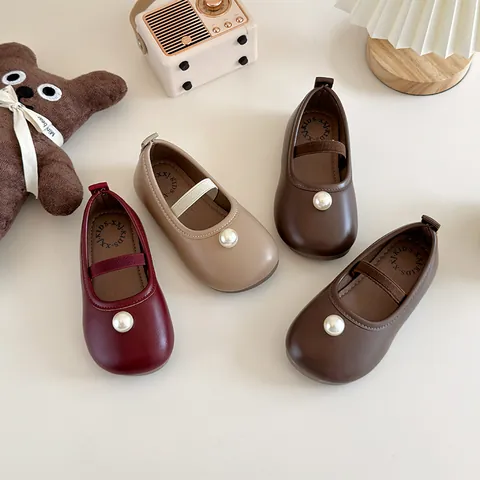 Kids Girls Artificial Pearl Mary Jane Shoes Soft Sole Princess Wedding Party Shoes Comfortable PU Leather School Flat Shoes