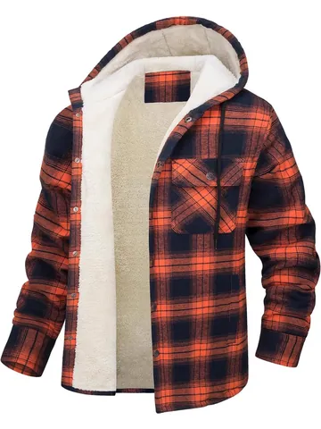 Men's Hooded Plaid Jacket Fleece Lined Winter Warm Flannel Shirt Jacket Button Down Long Sleeve Outerwear Top