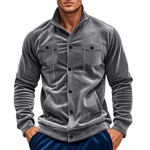 Chaqueta de Corduroy Retro para Hombre Casual Cuello Alto Multi-Bolsillos Ropa Vintage Color Sólido Manga Larga Abrigo