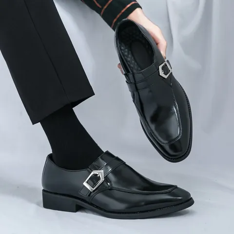 Chaussures Décontractées pour Hommes en Cuir PU à Boucle de Moine Couleur Unie Bout Rond Respirant Imperméable Loafers