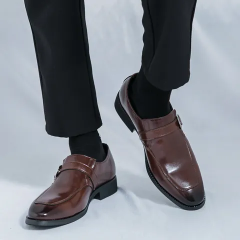 Chaussures Décontractées pour Hommes en Cuir PU à Boucle de Moine Couleur Unie Bout Rond Respirant Imperméable Loafers