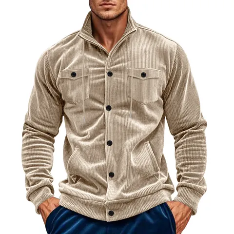 Chaqueta de Corduroy Retro para Hombre Casual Cuello Alto Multi-Bolsillos Ropa Vintage Color Sólido Manga Larga Abrigo