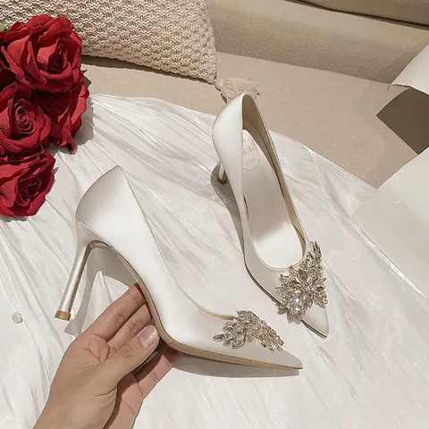 Elegant Women's Wedding Shoes Pointed Toe High Heels Rhinestone Microfiber Stiletto Pumps Bridal Party Evening Formal Shoes
