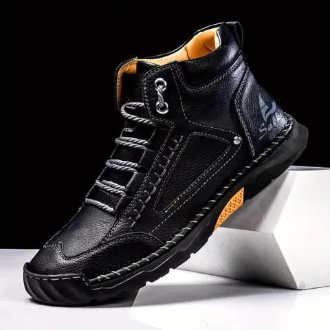 Herren Mode Handgenähte Stiefeletten PU Leder Schnürschuhe Flache Freizeitschuhe Große Größe Rutschfeste Winterstiefel