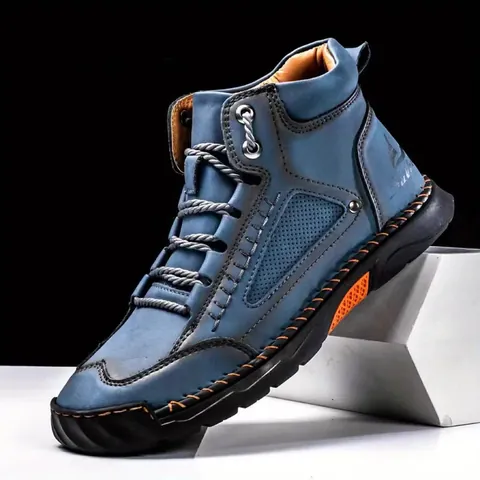 Herren Mode Handgenähte Stiefeletten PU Leder Schnürschuhe Flache Freizeitschuhe Große Größe Rutschfeste Winterstiefel
