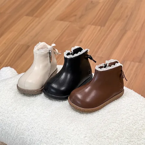 Bottines Martin pour Filles Style Britannique en Cuir Artificiel avec Bordure en Dentelle Nœud Doublé Polaire Chaussures d'Hiver