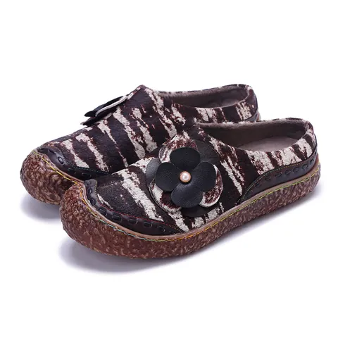 Dames Retro Paardenhaar Loafers Zebraprint 3D Leren Bloem Parel Decoratie Comfortabele Platte Schoenen Instappers
