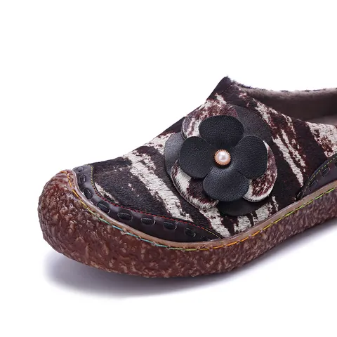 Dames Retro Paardenhaar Loafers Zebraprint 3D Leren Bloem Parel Decoratie Comfortabele Platte Schoenen Instappers