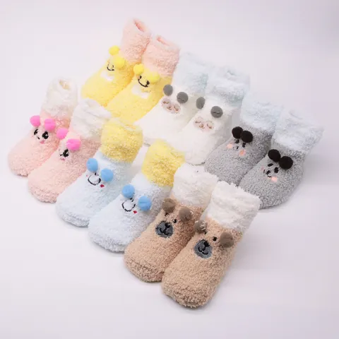 Cute Cartoon Plush Baby Floor Socks With Anti-slip Grips Animal Face Embroidery Soft Warm Winter Newborn Infant Socks