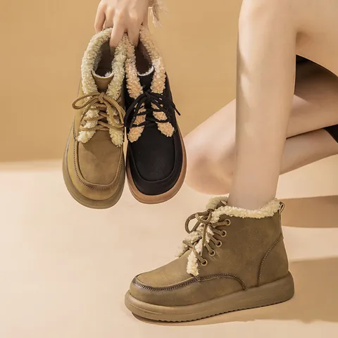 Women's Cowhide Leather Snow Boots Warm Lamb Wool Lined Winter Boots Lace Up Side Zipper Flat Anti Slip Outdoor Casual Shoes