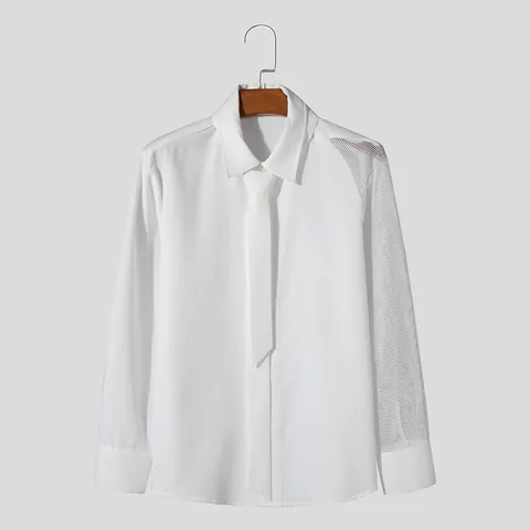 Men French High-end Mesh Patchwork Long Sleeve Shirt Solid Color Banquet Performance Formal Shirt Elegant Gentleman Top