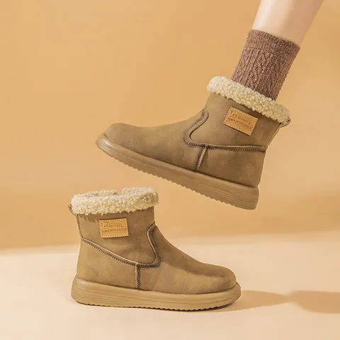 Women's Cowhide Leather Snow Boots Warm Wool Blend Fur Lining Short Tube Winter Shoes Vintage Side Zipper Flat Ankle Boots