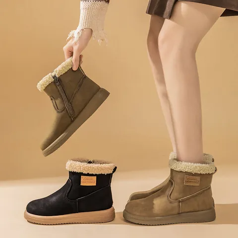 Women's Cowhide Leather Snow Boots Warm Wool Blend Fur Lining Short Tube Winter Shoes Vintage Side Zipper Flat Ankle Boots