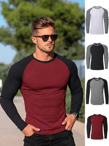 Men's Slim Fit Crew Neck Long Sleeve T-Shirt Raglan Patchwork Ribbed Knit Top With Arm Zipper Casual Fashion Baselayer